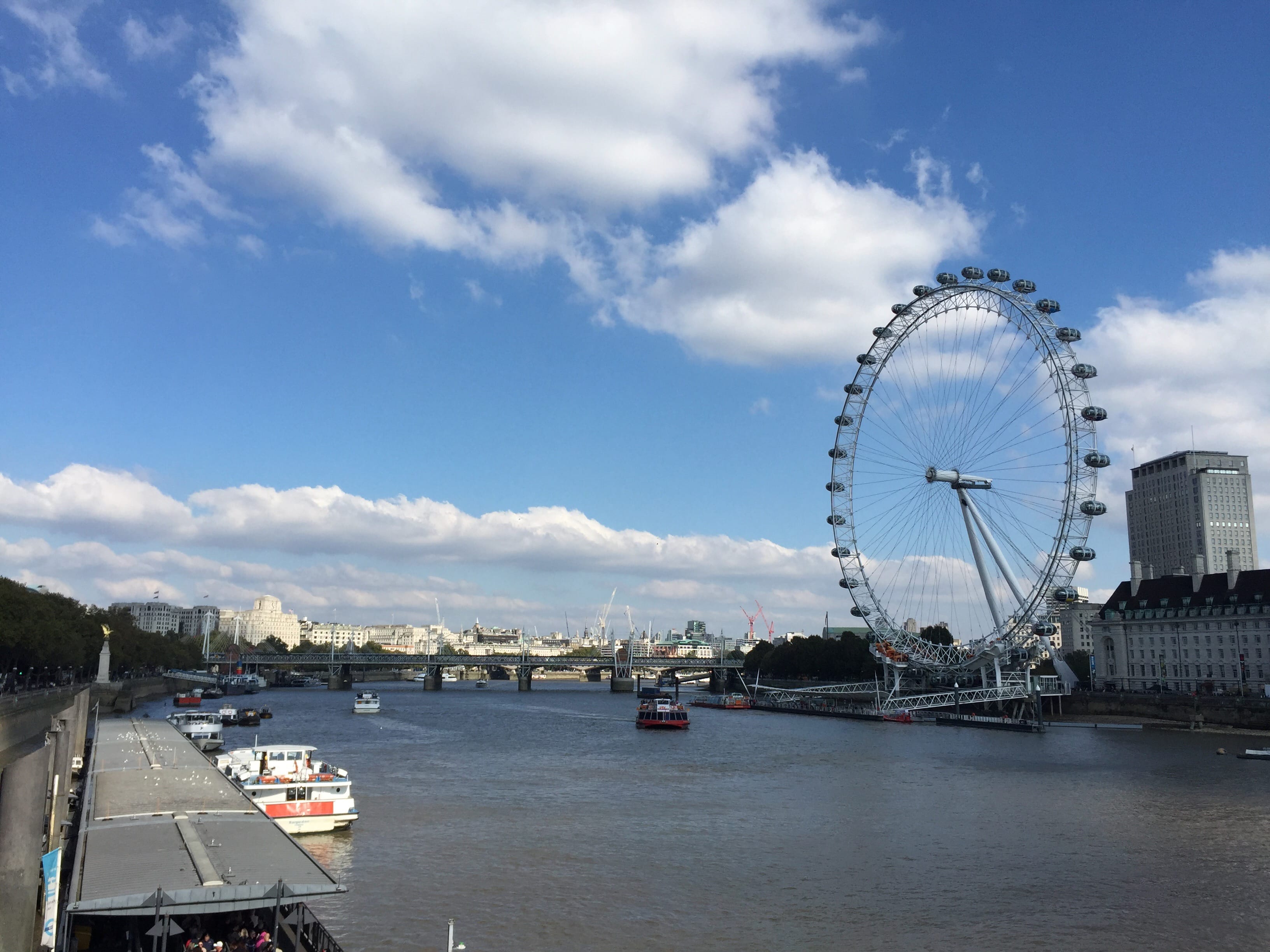 A view across the river thames looking toward the London Eye on the other side of the river.