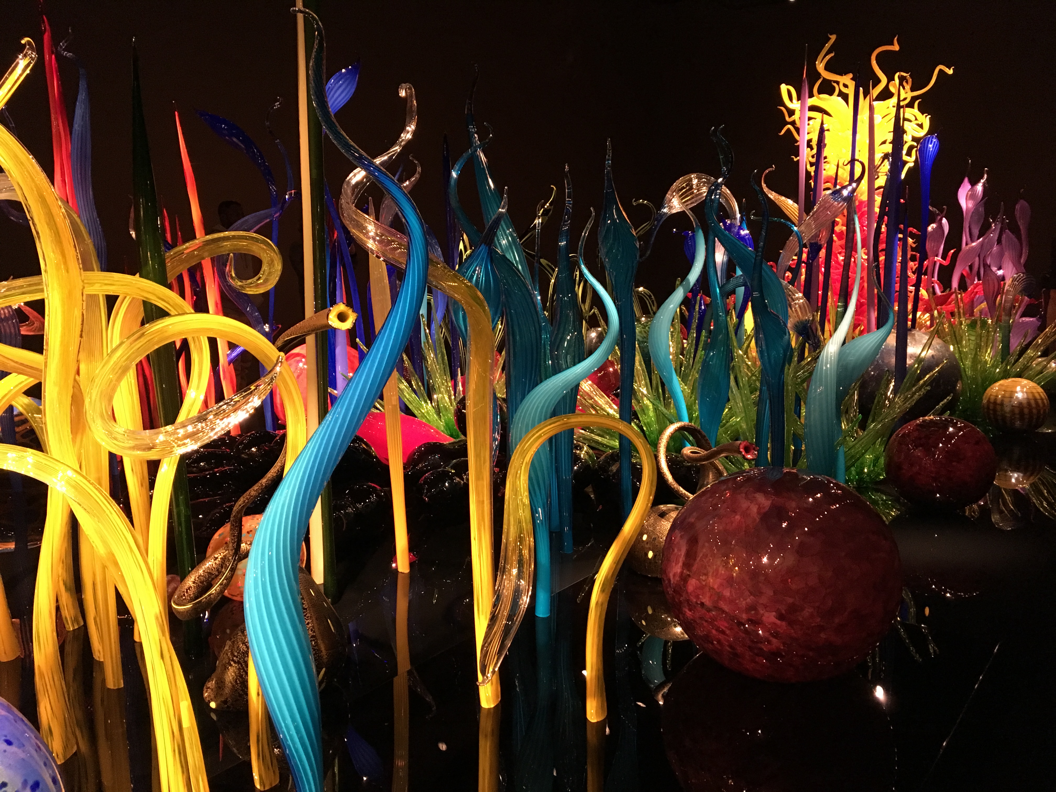 A colorful garden made of blown glass with a lot of twists and turns.